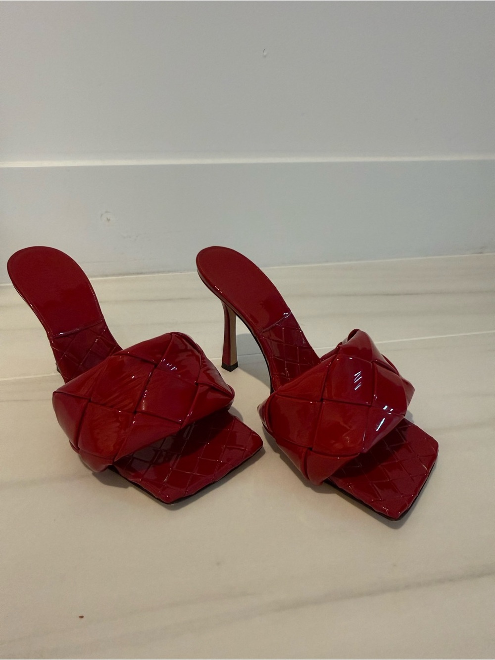 Bottega Veneta Red Quilted Patent Leather High Heel Slides